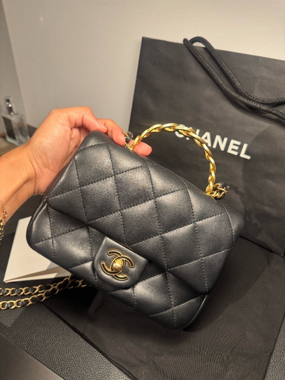 LIMITED Chanel Mini Flap Bag with Top Handle – Black Quilted Lambskin